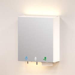 Mirror unit above sink soap, water and hand paper towels