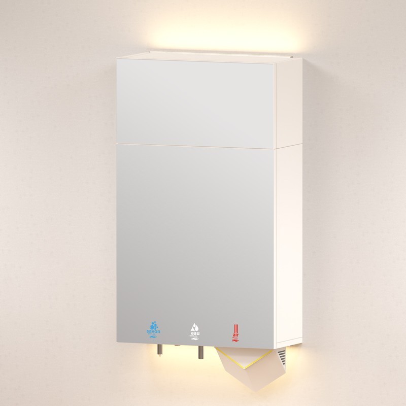 HYFLO cabinet for washbasin with Dysin Airblade V hand dryer behind mirror - SUPRATECH