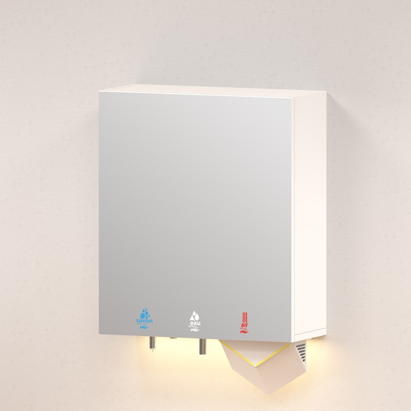 HYFLO cabinet for washbasin with Dysin Airblade V hand dryer behind mirror - SUPRATECH