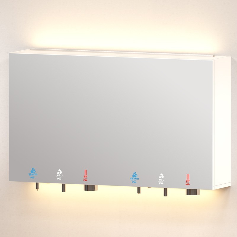 Module miroir double postes savon, eau et air, avec bandes LED au dessus et en dessous Module miroir double postes savon, eau et air, avec bandes LED au dessus et en dessous