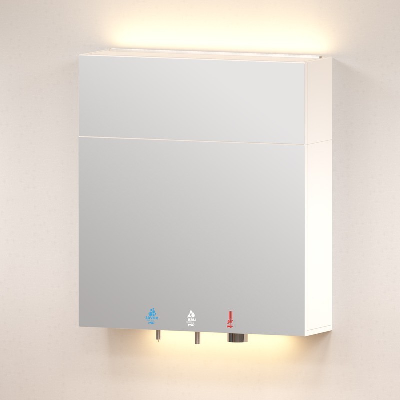 Caisson miroir supérieur TL-MH-900 sur un module HYFLO 4 en 1 savon-eau-air, bandes LED au-dessus et en dessous Caisson miroir supérieur TL-MH-900 sur un module HYFLO 4 en 1 savon-eau-air, bandes LED au-dessus et en dessous