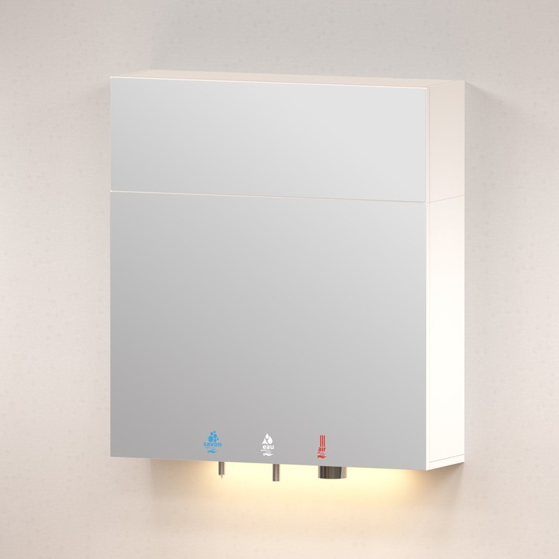Caisson miroir supérieur TL-MH-900 sur un module HYFLO 4 en 1 savon-eau-air, bande LED en dessous Caisson miroir supérieur TL-MH-900 sur un module HYFLO 4 en 1 savon-eau-air, bande LED en dessous