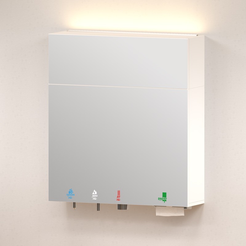 Caisson miroir supérieur TL-MH-900 sur un module HYFLO 5 en 1 savon-eau-air-papier, bande LED au-dessus Caisson miroir supérieur TL-MH-900 sur un module HYFLO 5 en 1 savon-eau-air-papier, bande LED au-dessus