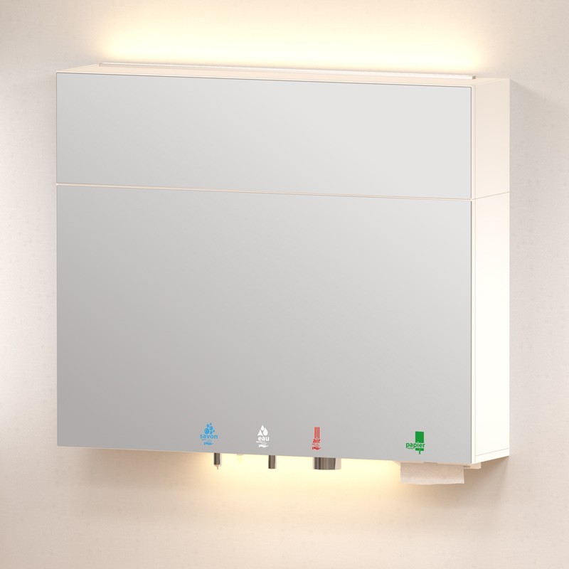 Caisson miroir supérieur TL-MH-1200 sur un module HYFLO 5 en 1 savon-eau-air-papier, bandes LED au-dessus et en dessous Caisson miroir supérieur TL-MH-1200 sur un module HYFLO 5 en 1 savon-eau-air-papier, bandes LED au-dessus et en dessous