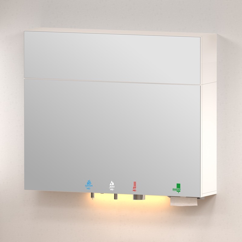 Caisson miroir supérieur TL-MH-1200 sur un module HYFLO 5 en 1 savon-eau-air-papier, bande LED en dessous Caisson miroir supérieur TL-MH-1200 sur un module HYFLO 5 en 1 savon-eau-air-papier, bande LED en dessous