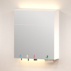 TL-MH-900 upper mirrored cabinet on a HYFLO 5-in-1 soap-water-air-paper unit, LED strips above and below TL-MH-900 upper mirrored cabinet on a HYFLO 5-in-1 soap-water-air-paper unit, LED strips above and below