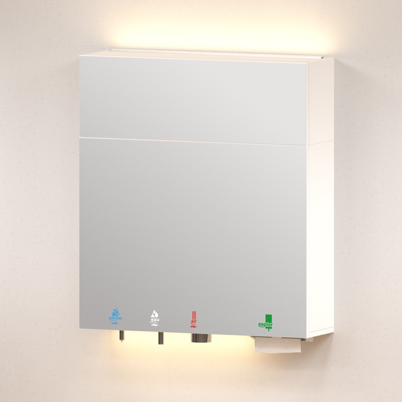 TL-MH-900 upper mirrored cabinet on a HYFLO 5-in-1 soap-water-air-paper unit, LED strips above and below TL-MH-900 upper mirrored cabinet on a HYFLO 5-in-1 soap-water-air-paper unit, LED strips above and below