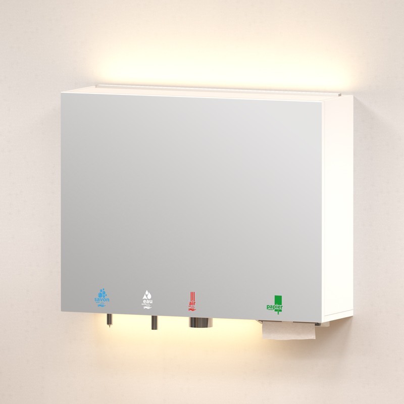 Meuble 5 en 1 miroir - savon - eau - air- papier avec bandes LED au dessus et en dessous Meuble 5 en 1 miroir - savon - eau - air- papier avec bandes LED au dessus et en dessous