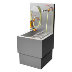 Stainless steel drainage basin for mobile toilets.