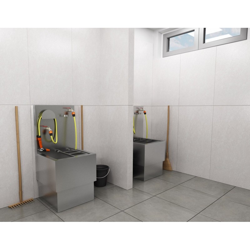 Stainless steel discharge basin designed for emptying mobile toilets.