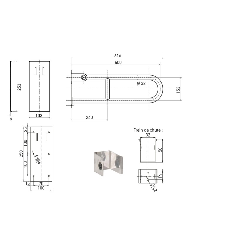 Fold-up stainless steel grab bar with concealed fixings – SUPRATECH