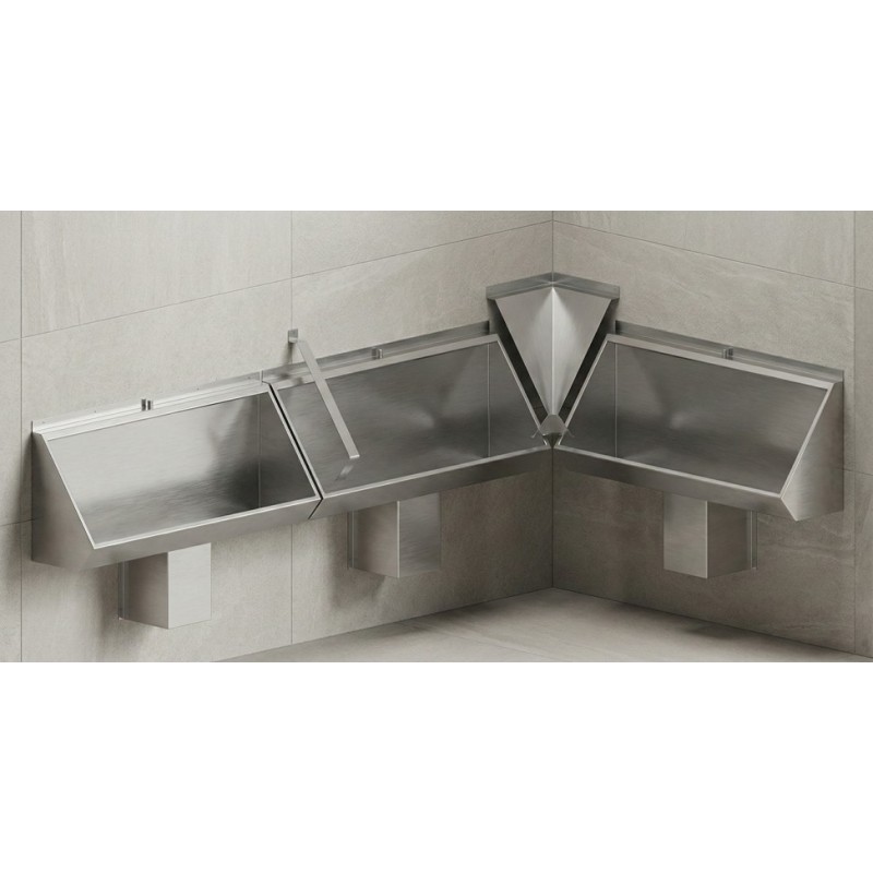 Urinoirs rigoles inox avec options cache jonction, cache angle 90° et cache siphon inox