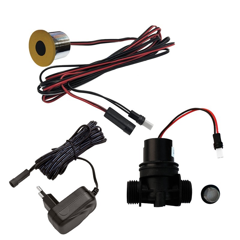 Kit robinet lavabo sans contact doré mat incluant détection IR en travers cloison, électrovanne 1/2'' et transformateur 230/9V