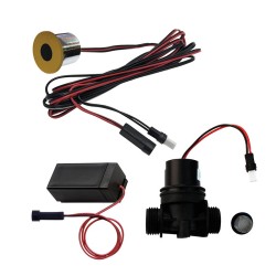 Kit robinet lavabo sans contact doré mat incluant détection IR en travers cloison, électrovanne et boitier pile 9V