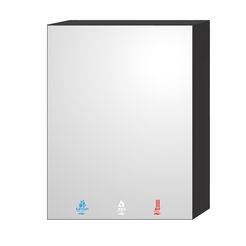 Mirror cabinet with integrated touch-free soap, water, and air functions