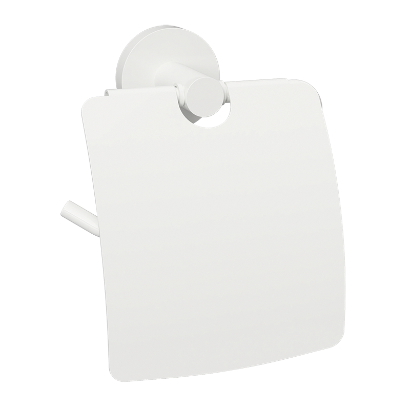 Matte white wall-mounted toilet paper holder with protective cover