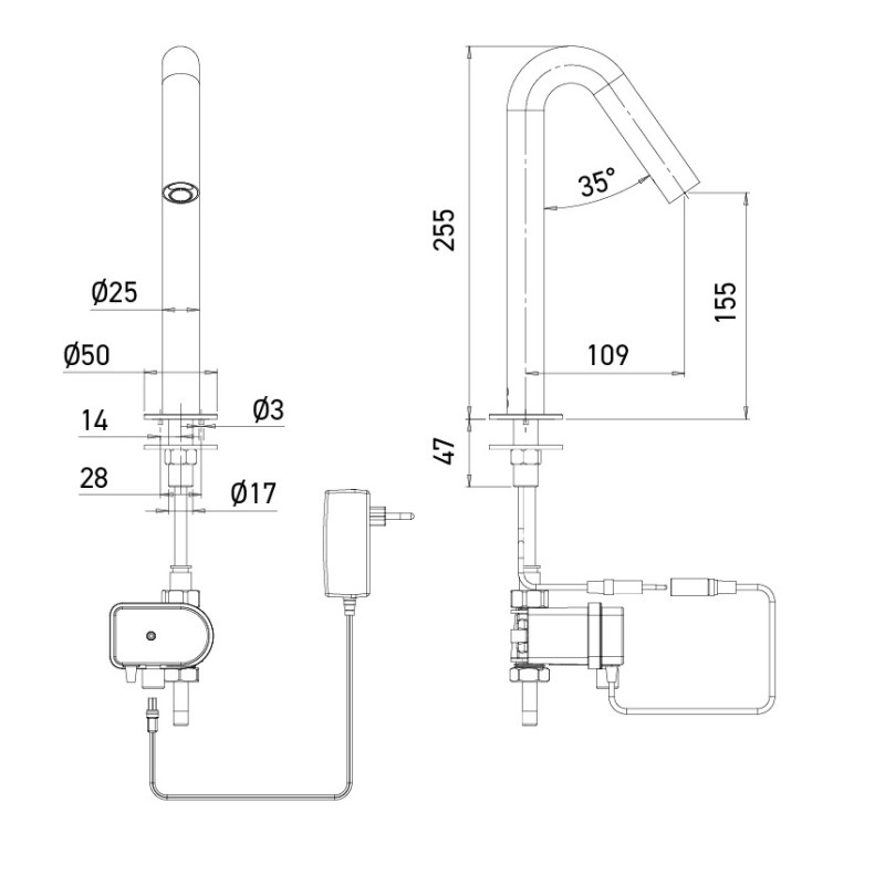 ONE Grifo electrónico con caño de 35° para lavabo, estilo limpio