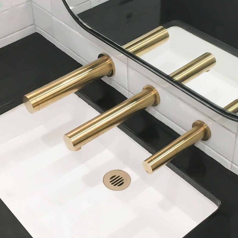 RONDEO TRIO soap - water - air in matte gold PVD finish, for hand washing and drying above the washbasin.