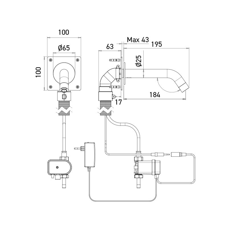 Dimensiones del grifo electrónico EXTREME WS con alimentación de red, fijación empotrada, caño de 195 mm Dimensiones del grifo electrónico EXTREME WS con alimentación de red, fijación empotrada, caño de 195 mm