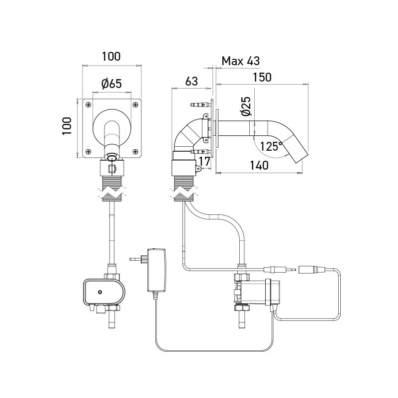 Dimensions of the EXTREME WS electronic mains-powered tap, concealed mounting, 150 mm spout