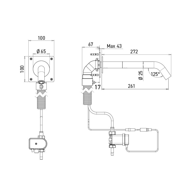 Dimensions robinet électronique EXTREME WS sur pile, fixation encastrée, bec 272 mm Dimensions robinet électronique EXTREME WS sur pile, fixation encastrée, bec 272 mm