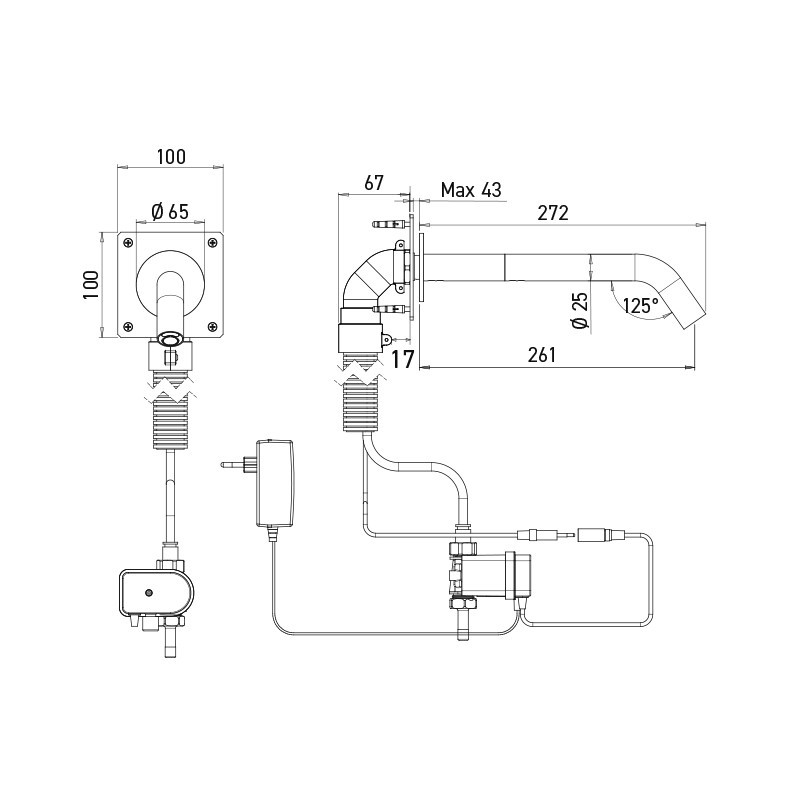 Dimensions robinet électronique EXTREME WS sur secteur, fixation encastrée, bec 272 mm Dimensions robinet électronique EXTREME WS sur secteur, fixation encastrée, bec 272 mm