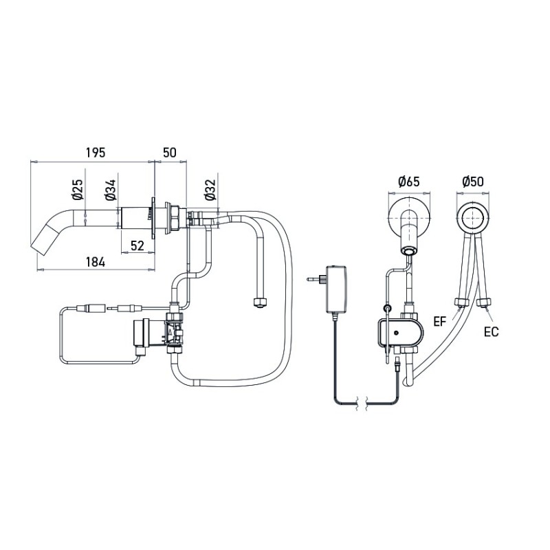 Dimensions of EXTREME WS mains-powered mixer with cross-partition mounting