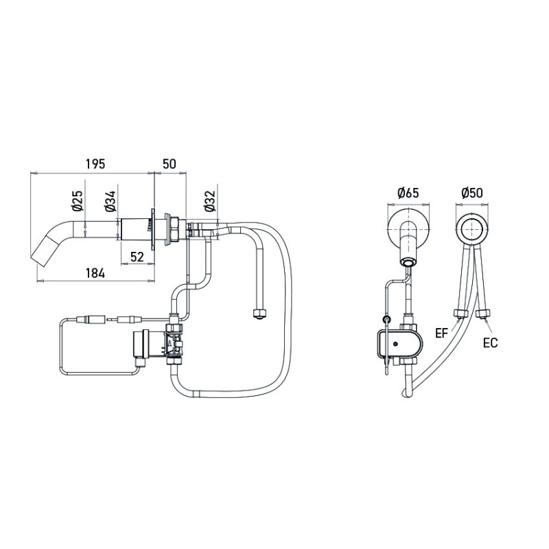 Dimensions electronic mixer EXTREME WS battery-operated, cross-wall mounting Dimensions electronic mixer EXTREME WS battery-operated, cross-wall mounting