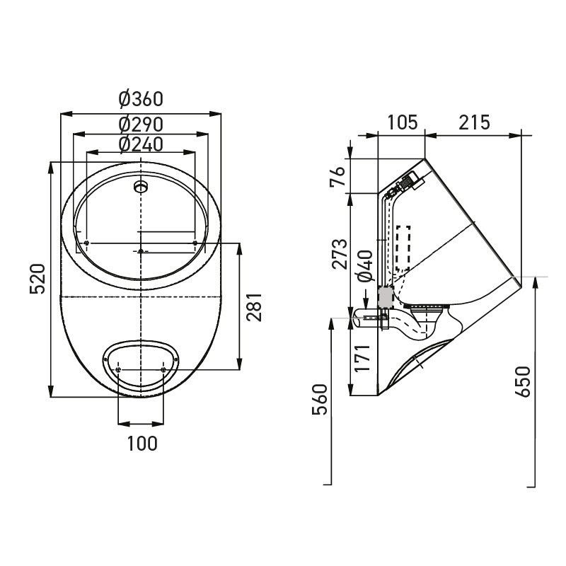Stainless steel URI-ONE urinal with integrated automatic detection