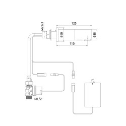 Dimensions of the battery-operated RONDEO electronic tap, through-partition mounting, 125 mm spout Dimensions of the battery-operated RONDEO electronic tap, through-partition mounting, 125 mm spout