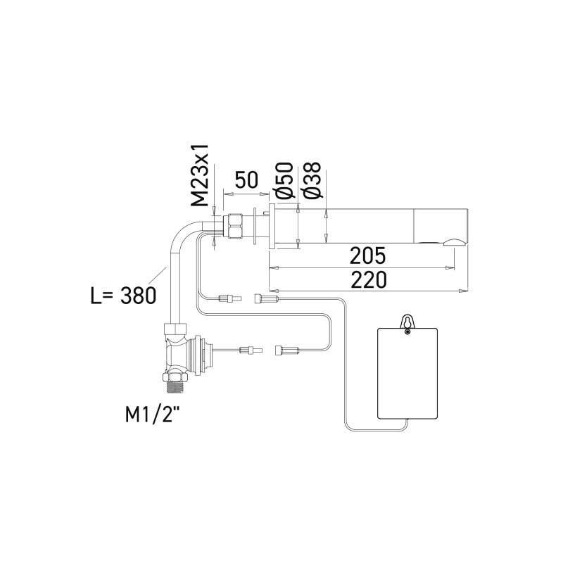 Dimensions robinet électronique RONDEO sur pile, fixation en travers cloison, bec 220 mm Dimensions robinet électronique RONDEO sur pile, fixation en travers cloison, bec 220 mm
