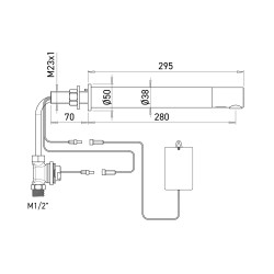 Dimensions of the battery-operated RONDEO electronic tap, cross-wall mounting, 295 mm spout Dimensions of the battery-operated RONDEO electronic tap, cross-wall mounting, 295 mm spout