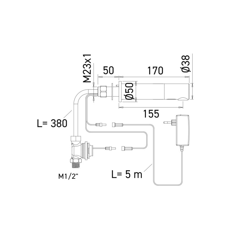 Dimensions of the RONDEO electronic tap, mains-powered, through-partition mounting, 170 mm spout Dimensions of the RONDEO electronic tap, mains-powered, through-partition mounting, 170 mm spout