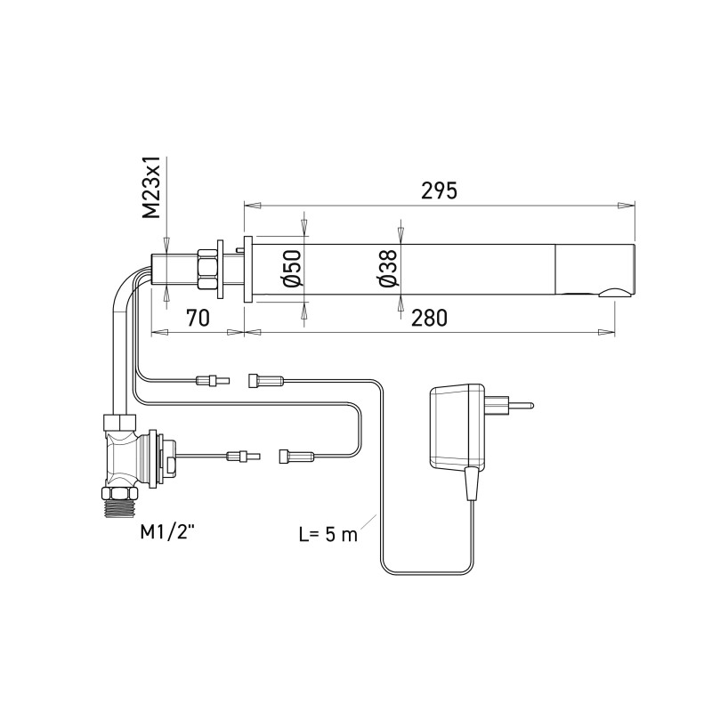 Dimensions of the RONDEO mains-powered electronic tap, through-partition mounting, 295 mm spout