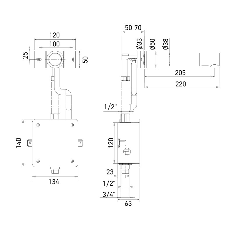 Dimensions of the RONDEO battery-operated electronic tap, concealed mounting, 220 mm spout Dimensions of the RONDEO battery-operated electronic tap, concealed mounting, 220 mm spout