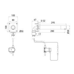 Dimensions of the RONDEO battery-operated electronic tap, concealed-mounted, 295 mm spout Dimensions of the RONDEO battery-operated electronic tap, concealed-mounted, 295 mm spout