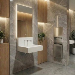 Lavabo para sanitarios públicos TURONE con dispensador de jabón y grifos electrónicos RONDEO integrados Lavabo para sanitarios públicos TURONE con dispensador de jabón y grifos electrónicos RONDEO integrados