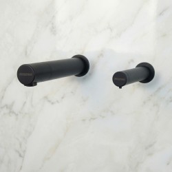 Robinet mural infrarouge RONDEO noir mat et distributeur de savon design coordonné Robinet mural infrarouge RONDEO noir mat et distributeur de savon design coordonné