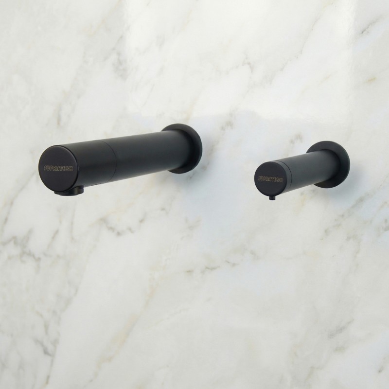 Robinet mural infrarouge RONDEO noir mat et distributeur de savon design coordonné Robinet mural infrarouge RONDEO noir mat et distributeur de savon design coordonné