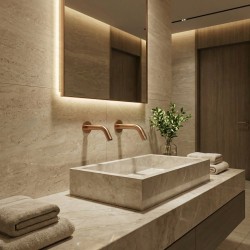 Modern wall-mounted soap dispenser in copper PVD with touchless faucet for a chic, on-trend sink