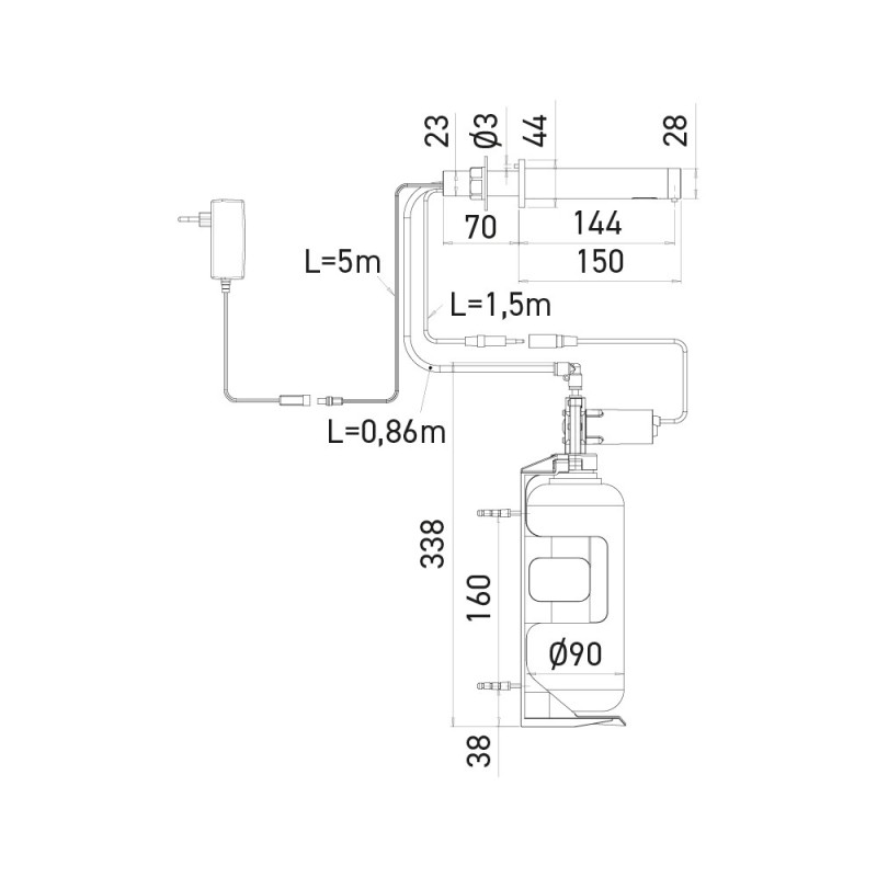 Dimensions of the touchless RONDEO soap dispenser, mains-powered version, partition-mounted