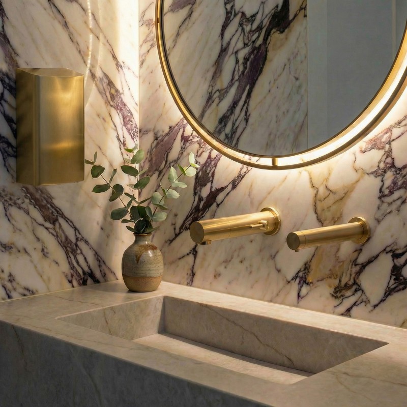 RONDEO electronic wall-mounted soap dispenser in matt gold for an elegant washbasin area