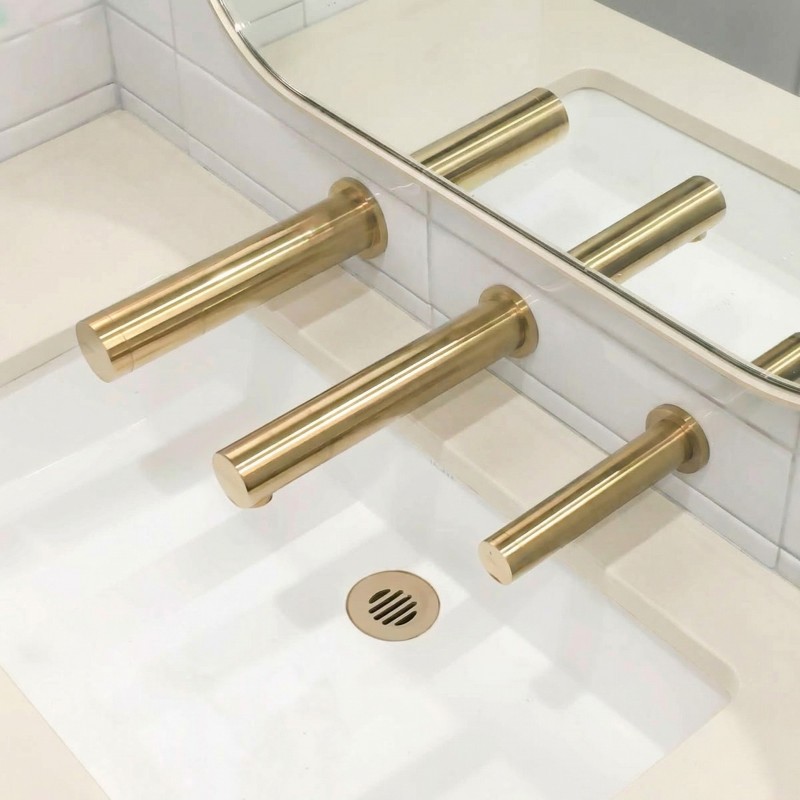 RONDEO TRIO soap - water - air brushed gold PVD finish for hand washing and drying above the sink