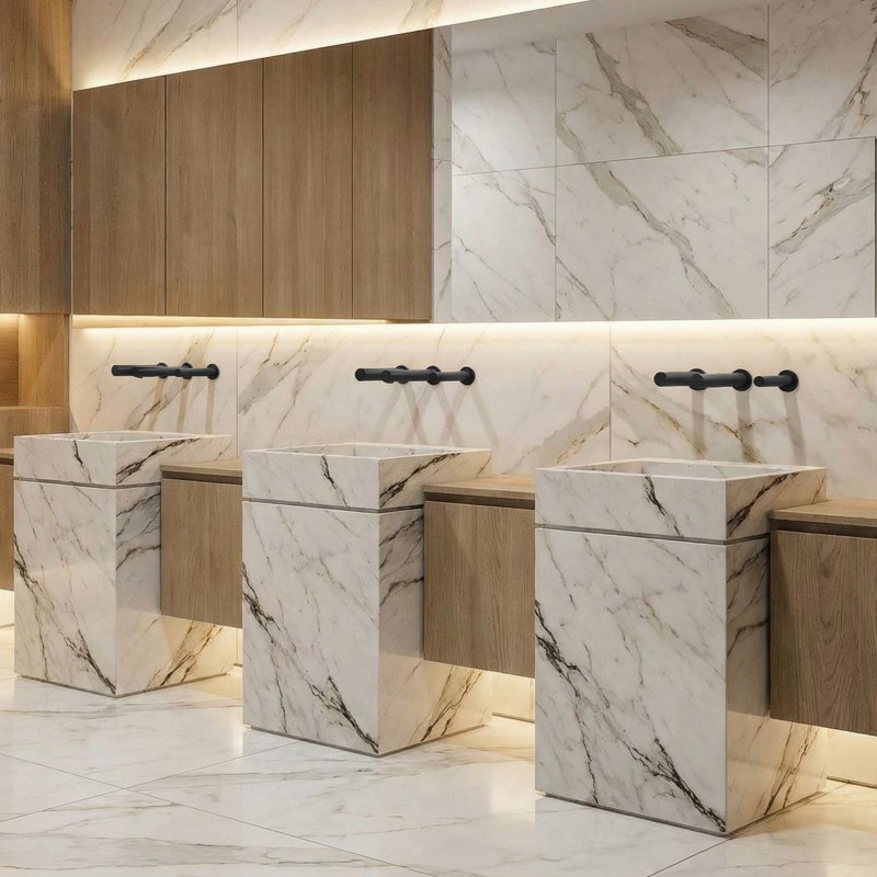 Vandal-resistant mounting for wall-mounted RONDEO contactless faucet in matte black, integrated on metal support frame