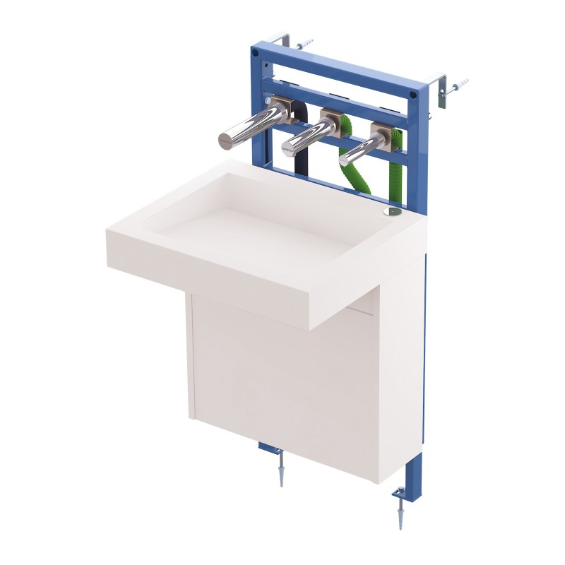 RONDEO TRIO lavatory support frame set and RIVAGE hand basin with under-basin cabinet, accessible for people with reduced mobili