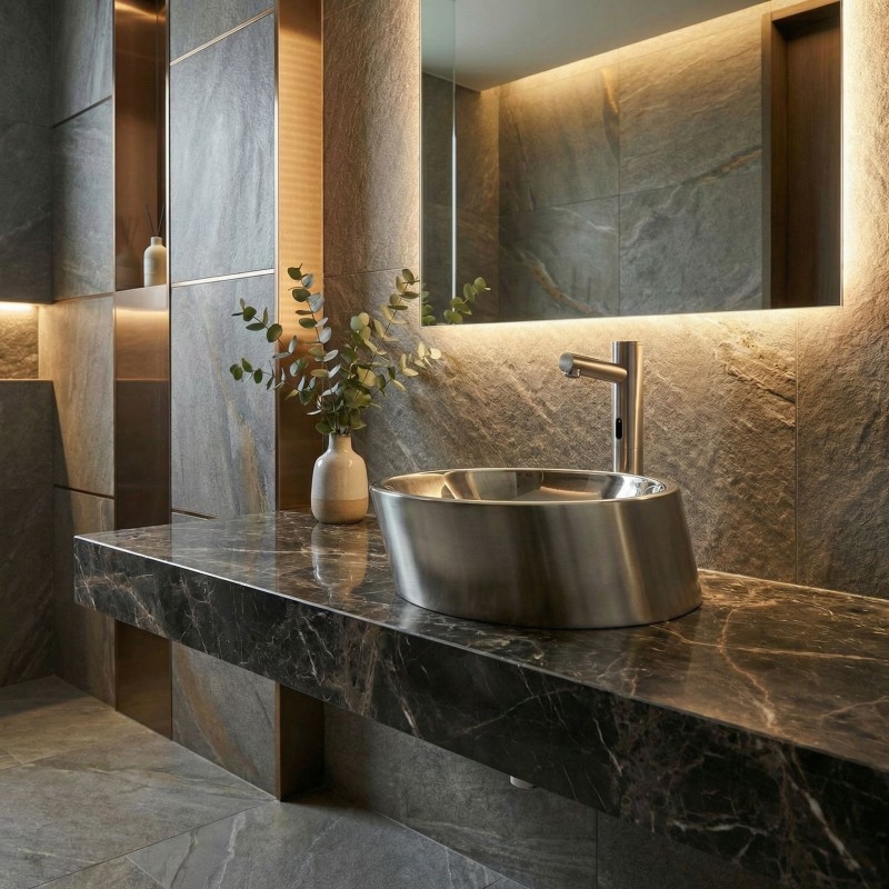 Stainless steel countertop basin PISA design and automatic raised faucet ELITE