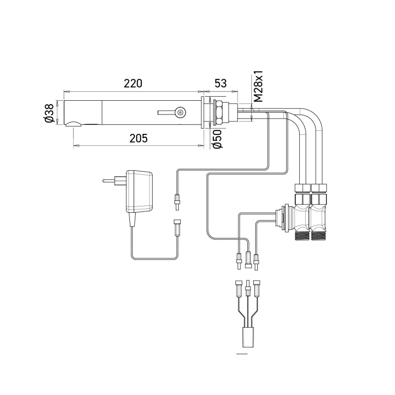 RONDEO mixer dimensions wall-mounted installation across partition, mains powered, spout 220 mm