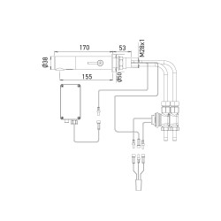 Dimensions mitigeur RONDEO fixation en travers cloison, sur pile, bec 170 mm