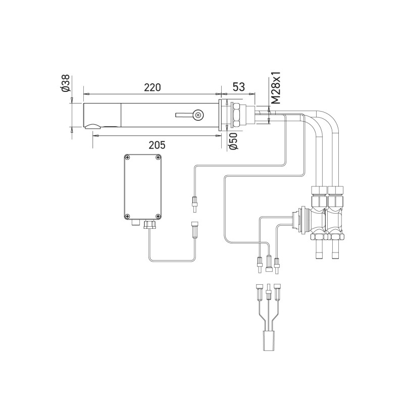 RONDEO mixer dimensions wall-mounted installation across partition, on battery, 220 mm spout RONDEO mixer dimensions wall-mounted installation across partition, on battery, 220 mm spout