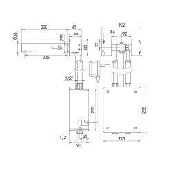 RONDEO mixer dimensions recessed installation, mains powered, 220 mm spout RONDEO mixer dimensions recessed installation, mains powered, 220 mm spout